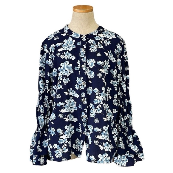 Michael Kors Blouse Top Shirt Womens XL Extra Large Blue Floral Button Peasant - Picture 1 of 14
